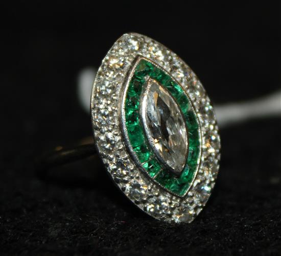 Edwardian platinum emerald & diamond marquise ring